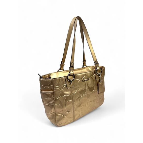 Coach Metallic Gold East West Embossed Signature Leather Tote Bag - Picture 3 of 15